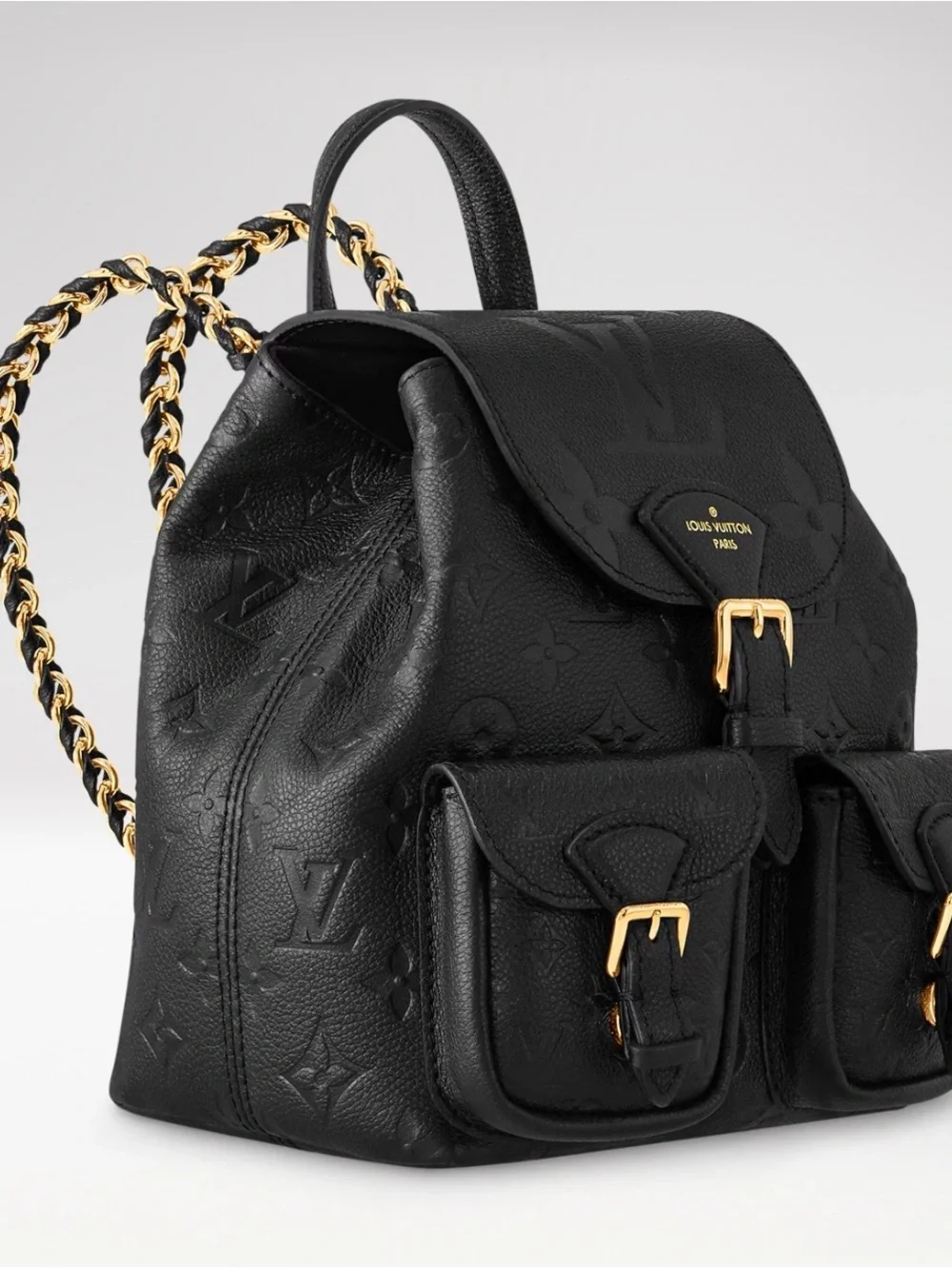 Louis Vuitton Black Monogram Embossed Leather Backpack with Gold Chain Straps